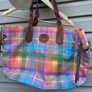 Dooney & Bourke Multicolor Plaid Tote pinks pastel purse bag Used leather tote